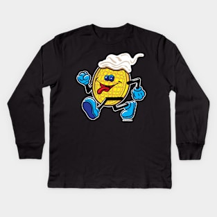 Happy Smiling Waffle Mascot strutting with Blueberries and whipped cream Kids Long Sleeve T-Shirt